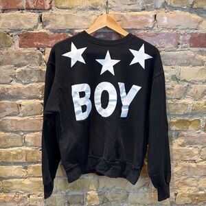 Black Crewneck Sweater with White 'BOY' Graphic and Stars